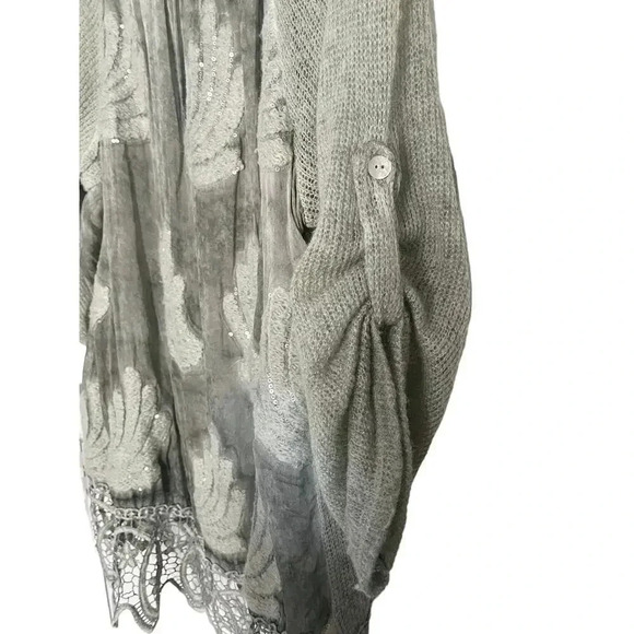 Belle France Boho Lagenlook Sage Embellished Lace Tunic Knit Chiffon Top Size L - Picture 4 of 10